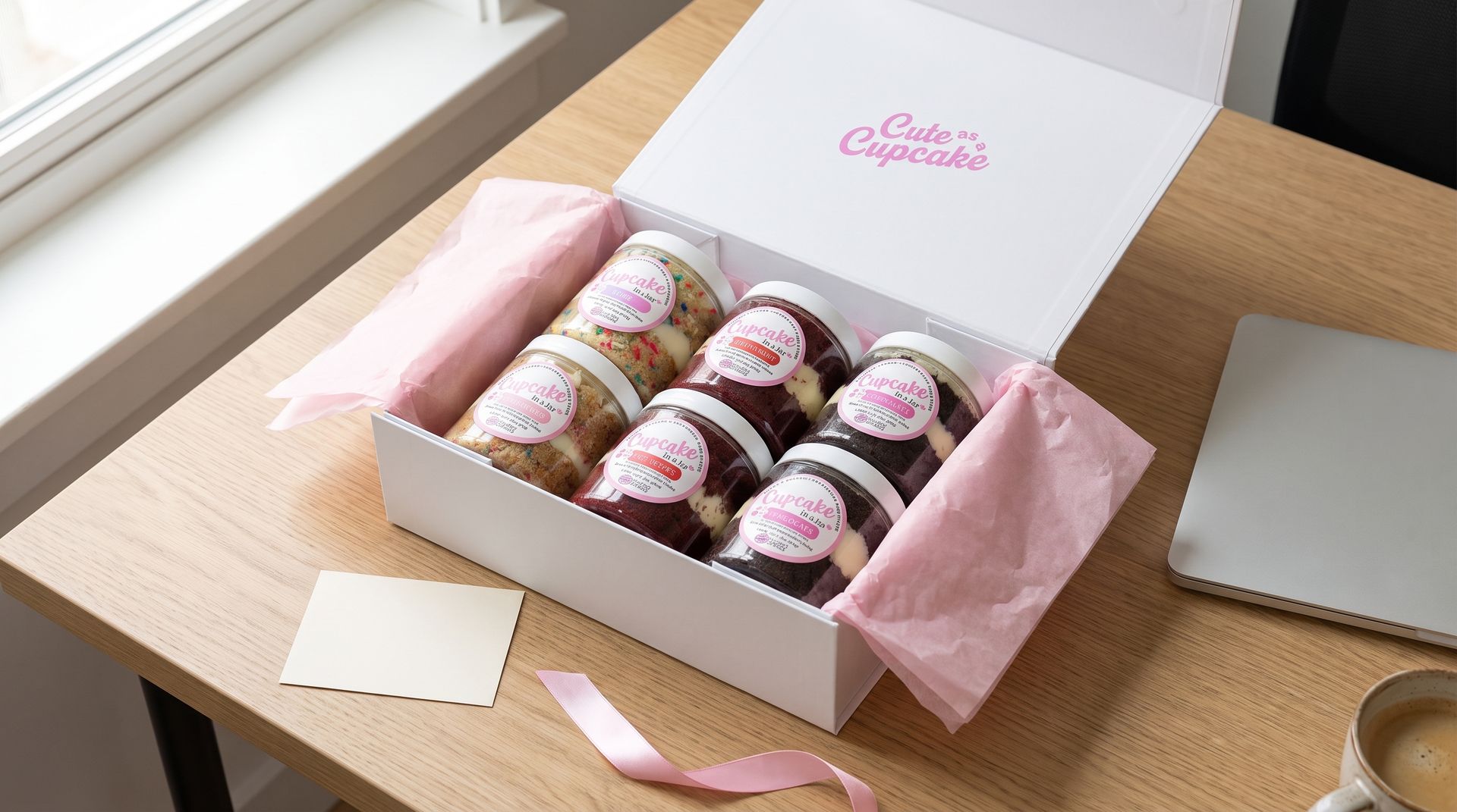 Concept render: gift box of six jars on an office desk