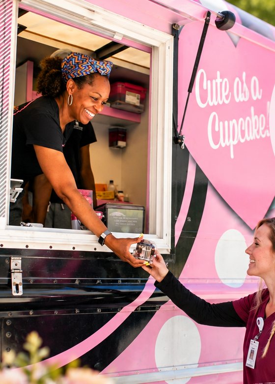 Cutie the pink cupcake truck: a baker hands a jar to a guest through the window