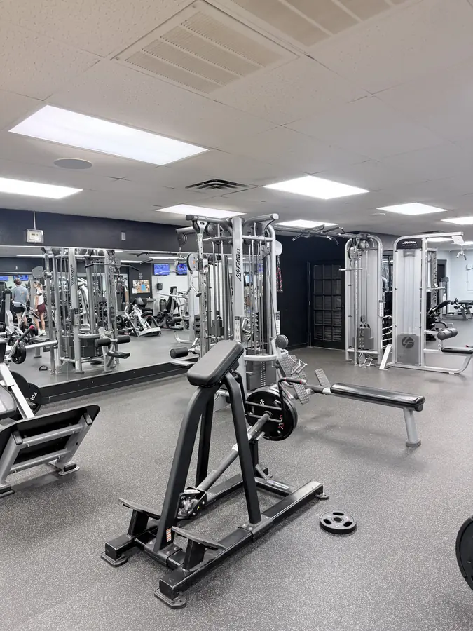 A plate-loaded row machine in front of the cable stations and the mirror wall