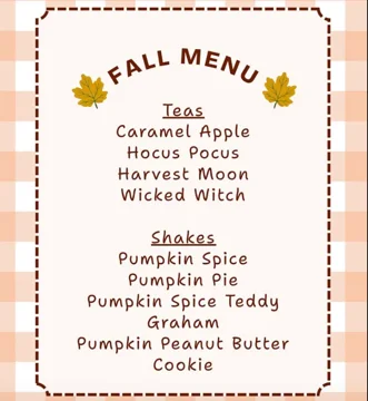 The Fix fall menu card: four teas and four shakes on orange gingham