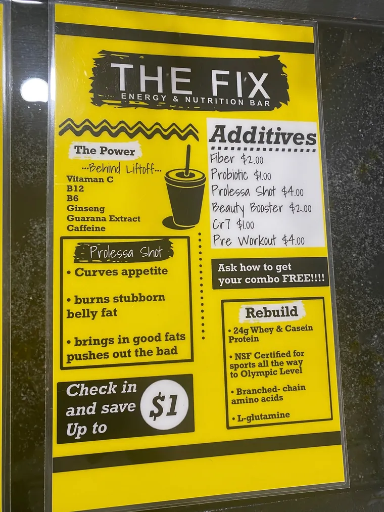 The Fix menu board: The Power behind Liftoff, the Prolessa shot and Rebuild protein